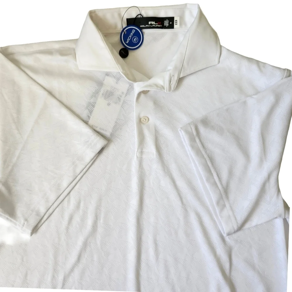 RLX Ralph Lauren Polo Shirt Mens Medium White Boat Print Golf Moisture Wicking